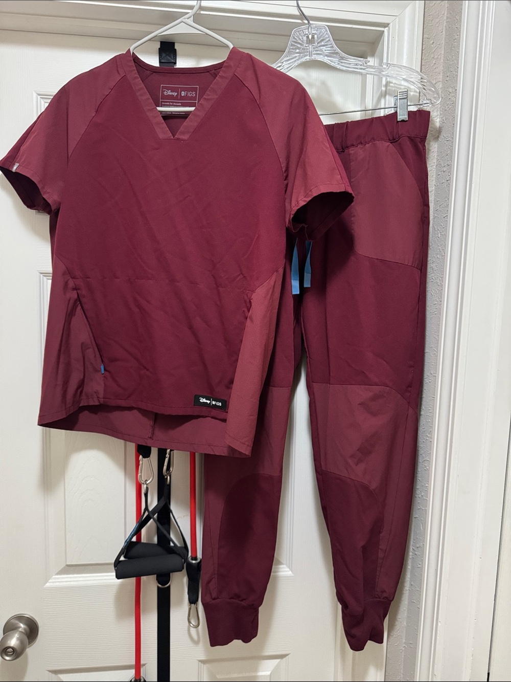 Disney Figs Women's Burgundy Scrub Top and Jogger Set